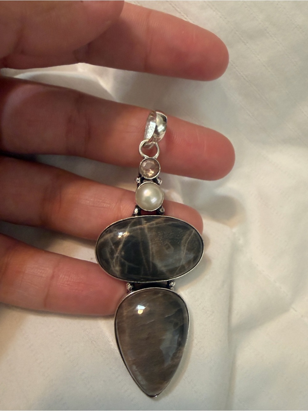Sterling Silver Gray Moonstone and Pearl Pendant Necklace - Elegant Gray Tones